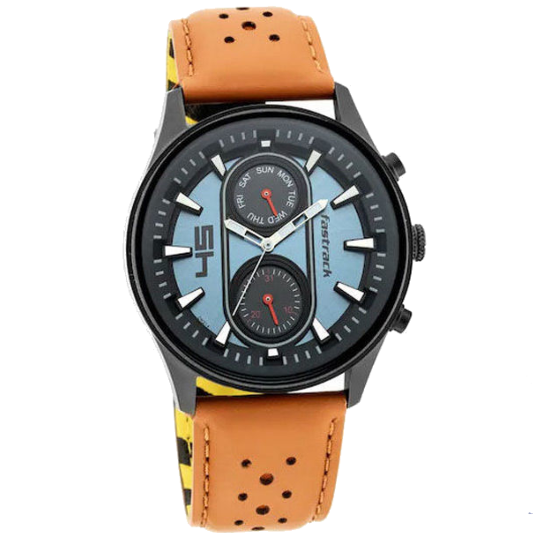 Fastrack 3224NL02 Quartz Analog with Day and Date Blue Dial Leather Strap Watch for Guys