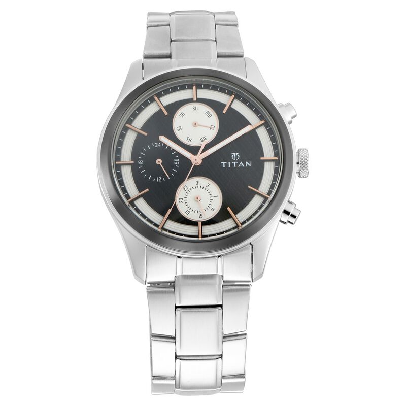 Titan 1805KM01 Quartz Analog with Day and Date Black Dial Stainless Steel Strap Watch for Men