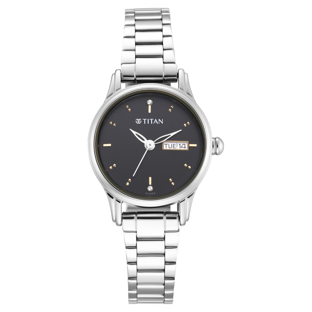 Titan 2656SM03 Lagan Black Dial Analog with Day and Date Metal Strap Watch for Women