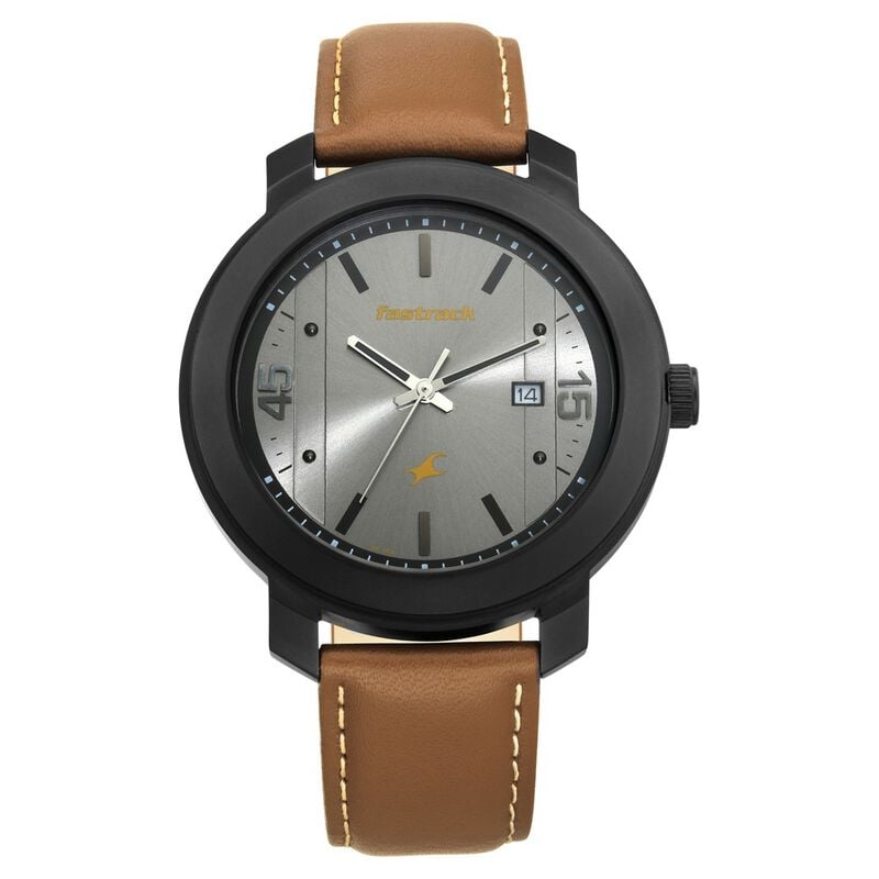 Fastrack 3246NL01 Bare Basics Quartz Analog with Date Grey Dial Leather Strap Watch for Guys