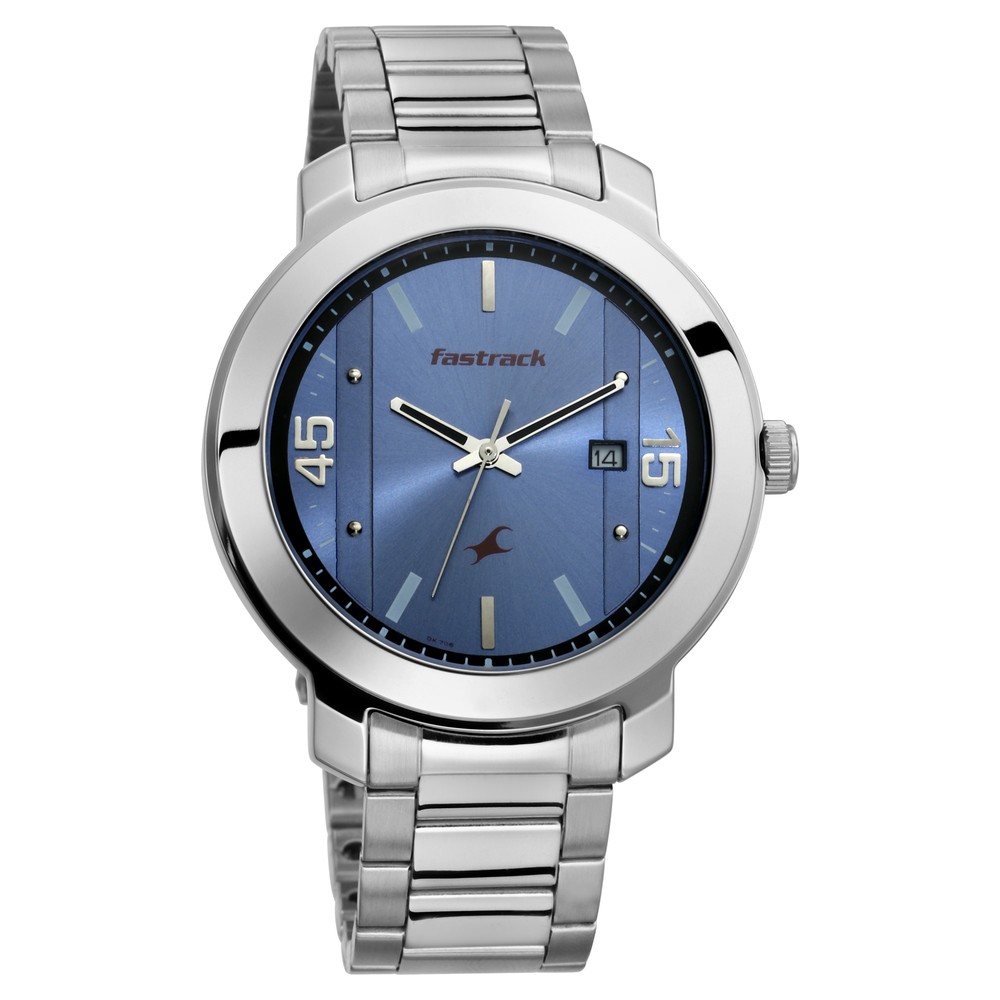 Fastrack 3246sm03 Bare Basics Quartz Analog with Date Blue Dial Stainless Steel Strap Watch for Guys