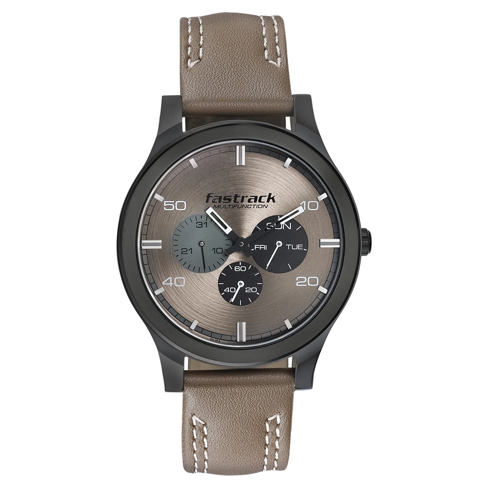 Fastrack NR3252NL01 Dial It Up Quartz Multifunction Beige Dial Leather Strap Watch for Guys