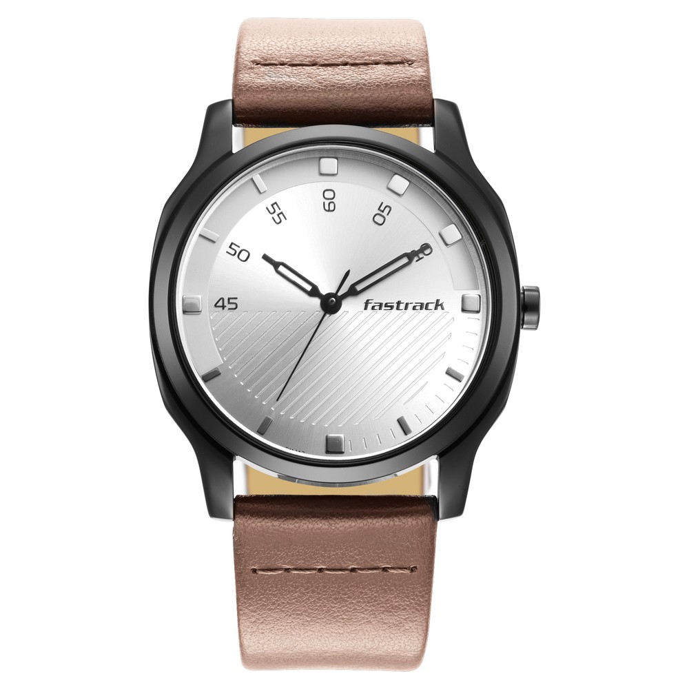 Fastrack NR3255NL02 Stunners Quartz Analog Silver Dial Leather Strap Watch for Guys