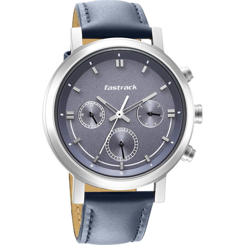 Fastrack NR3287SL01 Tick Tock Quartz Multifunction Blue Dial Leather Strap Watch for Guys